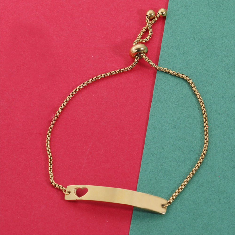 Personalized Gold Bar Bracelet with Laser Engraving – Heart Cutout – Custom Name, Date, Initials