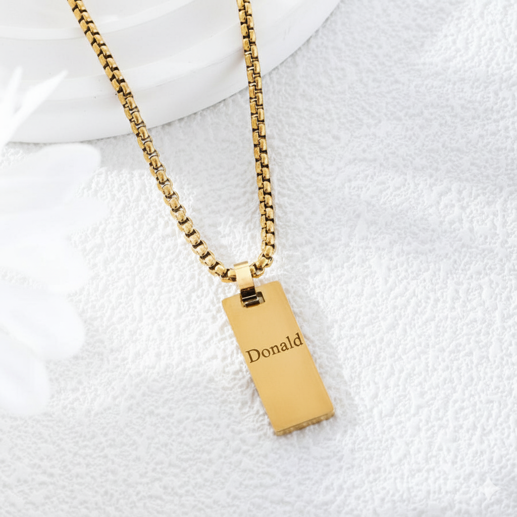 Men's Personalized Rectangle Pendant Necklace - Gold, Black & Silver Stainless Steel